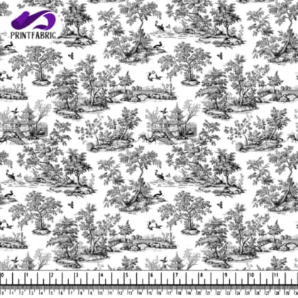 Black and White Toile Pattern with Nature Elements