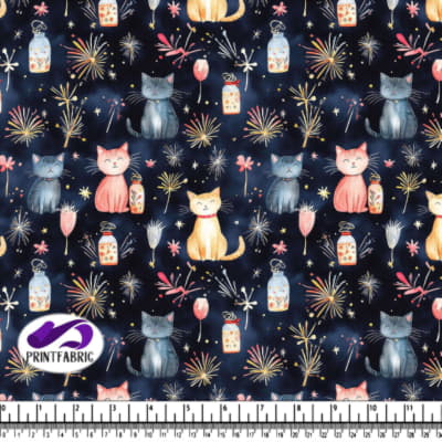 Motif féerique de chat et de feux d'artifice
