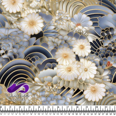 Motif Bleu et Or avec Fleurs, Papillons et Oiseaux