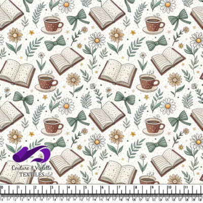 Motif floral avec tasses de café et livres