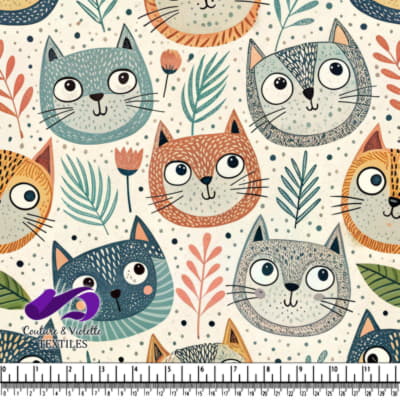 Whimsical colorful cat faces with floral and leafy