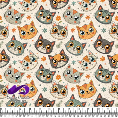 Cute smiling cartoon cat faces with flowers