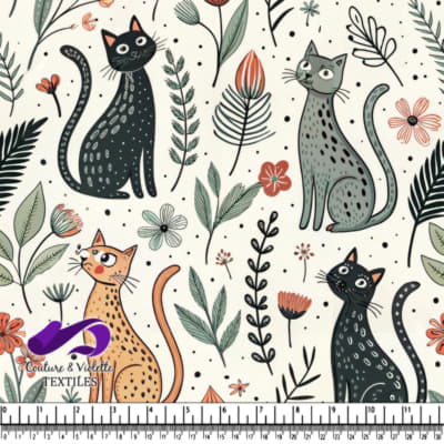 Chats fantaisistes et éléments floraux sur un fond clair