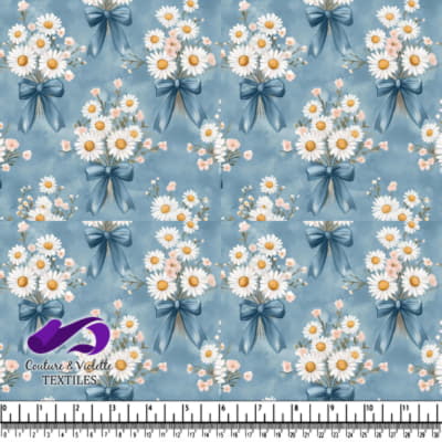 Bouquet de marguerites avec des rubans bleus sur un doux fond bleu