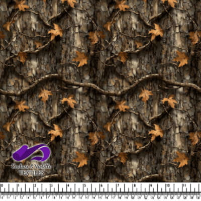 Tree bark with autumn leaves and intertwined vines pattern
