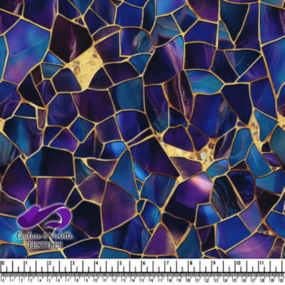 Blue and purple stained glass mosaic pattern with gold accents