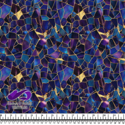 Blue and purple stained glass mosaic pattern with gold accents