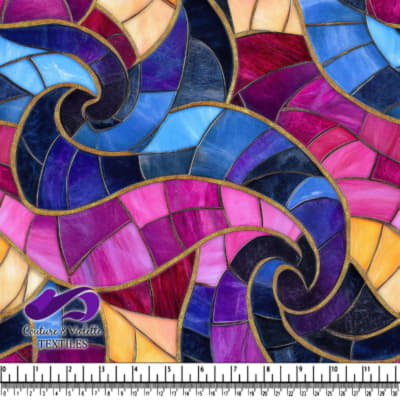 Abstract stained glass pattern with swirling shapes in blue pink purple and gold tones