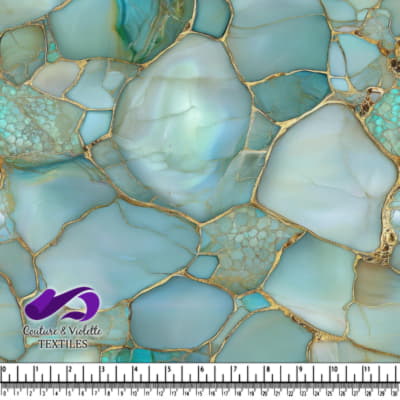 Tissu texturé effet marbre bleu et vert avec veining doré