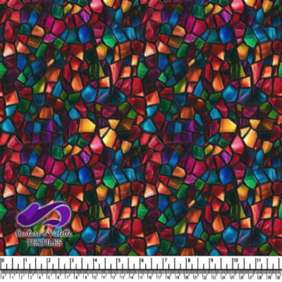 Colorful stained glass mosaic pattern with vibrant irregular shapes and black outlines