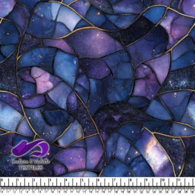 Abstract cosmic stained glass pattern in shades of blue and purple with gold lines