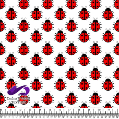 Pattern of red and black ladybugs on a white background