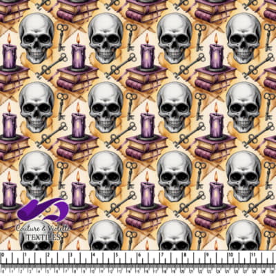 Crânes, clés vintage, bougies brûlantes et livres anciens