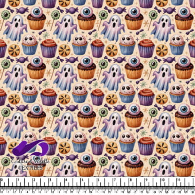 Fantômes de cupcakes, yeux et bonbons sur fond beige