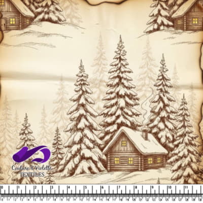 Vintage winter cabin scene with snow-covered trees