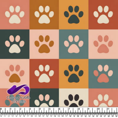 Colorful checkerboard pattern with various colored dog paw