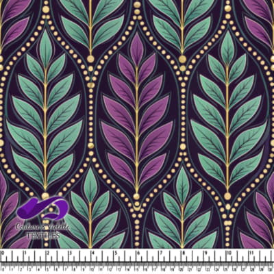 Motif Élégant de Feuilles en Violet et Vert sur Fond Sombre