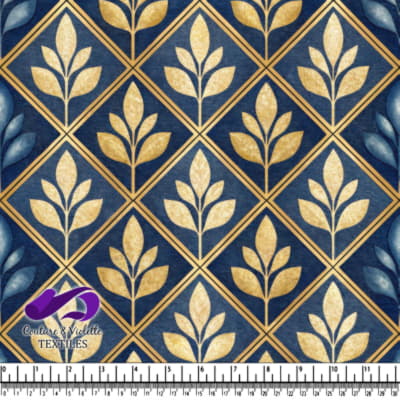 Tissu à Motif Feuilles Bleues et Dorées avec Grille de Diamants