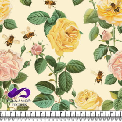 Yellow and pink roses with bees floral pattern design