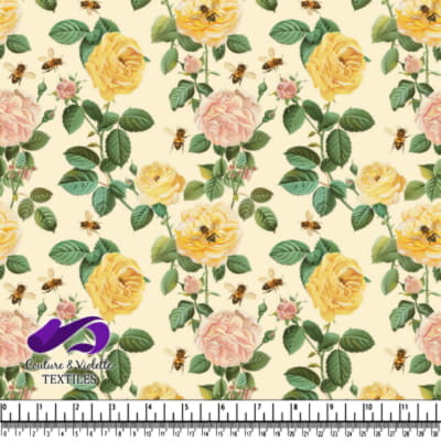 Yellow and pink roses with bees floral pattern design