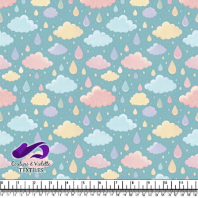 Pastel Clouds and Raindrops Pattern on Blue Background