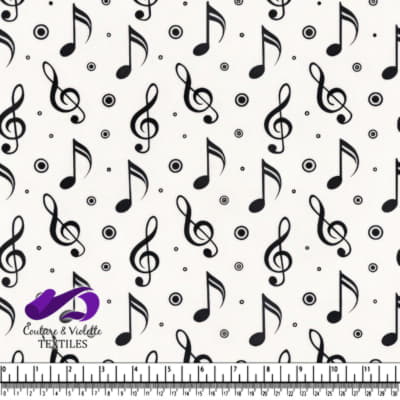 Black Musical Notes and Symbols on White Fabric Pattern