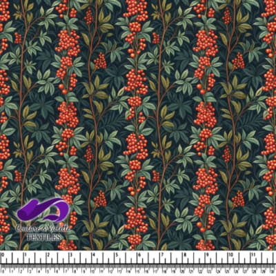 Red Berry Vines on Dark Botanical Fabric Pattern