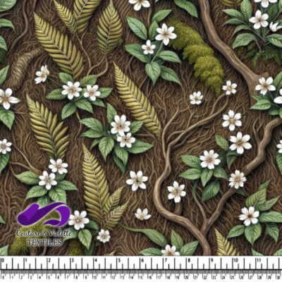 Tropical Jungle Vines and White Flowers Pattern on Brown Background