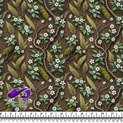 Tropical Jungle Vines and White Flowers Pattern on Brown Background