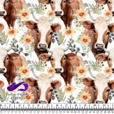 Vaches brunes et blanches avec des fleurs