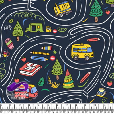 Carte routière colorée sur le thème scolaire avec des bus, des arbres, des crayons et des fournitures scolaires