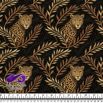 Léopard assis parmi des feuilles tropicales dorées et bronzées