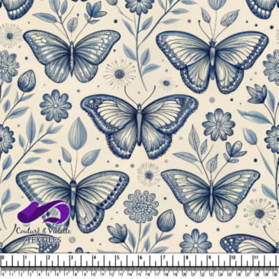 Vintage blue butterflies and floral pattern on cream background