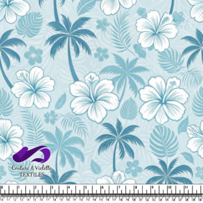 Motif floral tropical bleu avec palmiers et hibiscus