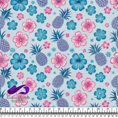 Motif tropical floral et ananas bleu et rose