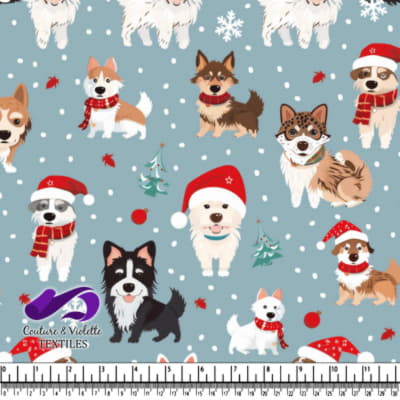 Festive dogs wearing scarves and Santa hats on a snowy