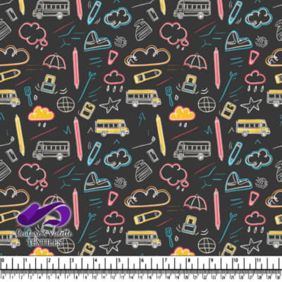 Colorful school and weather doodles pattern on dark background