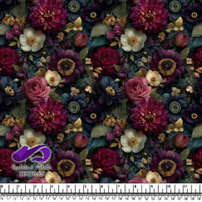 Various dark colorful flowers on black background