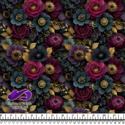 Motif floral sombre avec des fleurs violettes, roses et bleues