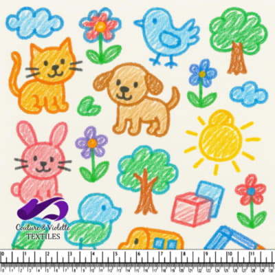 Dessins colorés enfantins d'animaux, de fleurs, d'arbres, de soleil et de blocs de jouets