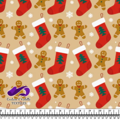 Gingerbread men red stockings and snowflakes
