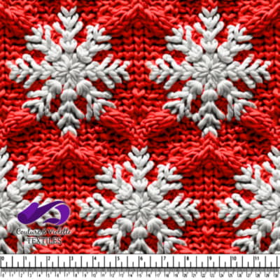 Tissu tricoté rouge avec motif de flocon de neige blanc et design de point texturé