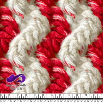 Close-up view of red and white textured knitted fabric with striped pattern and waves
