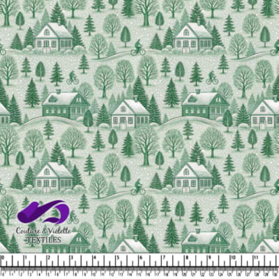 Winter landscape with snow-covered houses trees and cyclists on a green background