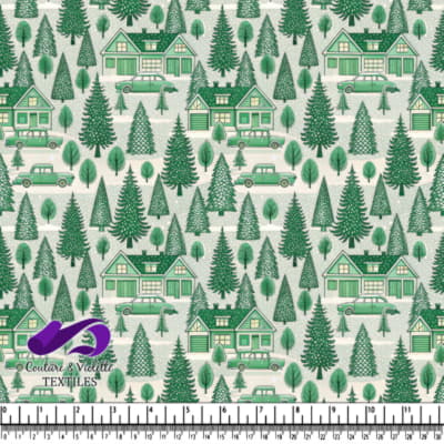 Green vintage houses cars and assorted pine trees