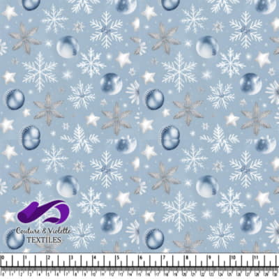 Blue background with silver snowflakes and stars holiday fabric pattern