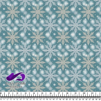 Blue fabric pattern with white snowflakes and soft glowing light effects