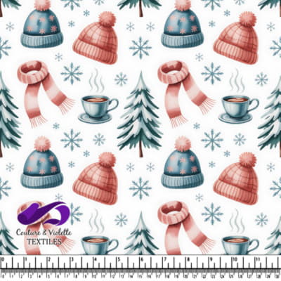 Winter cozy pattern with warm hats scarves hot drinks and snowflakes