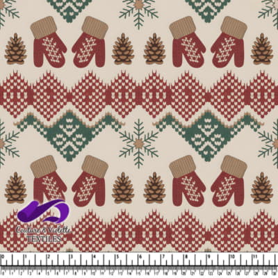 Winter holiday pattern with mittens pine cones and snowflakes
