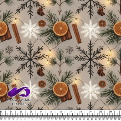 Winter holiday fabric pattern with pine branches dried oranges cinnamon sticks and snowflakes